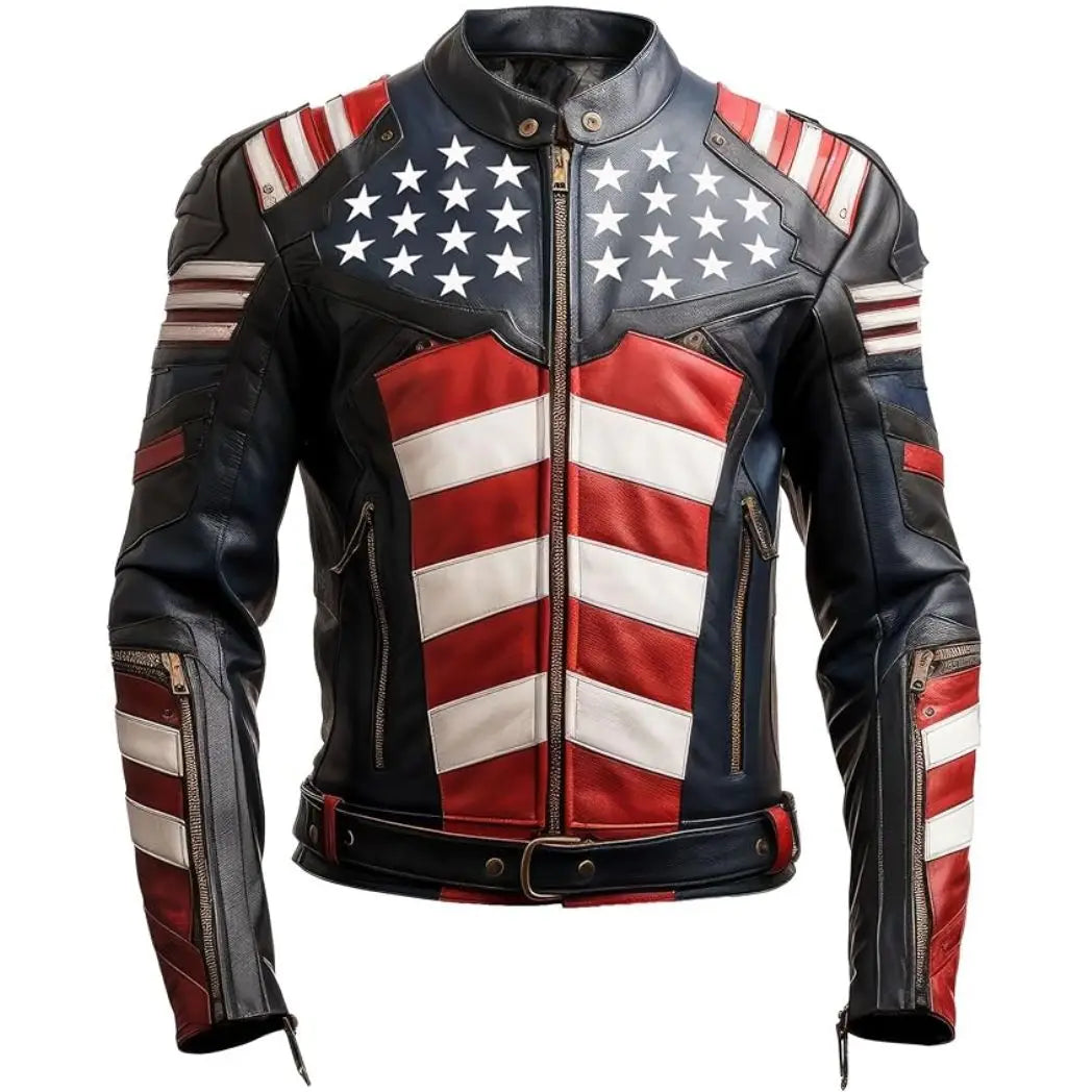 Men's USA Flag Sheepskin Leather Biker Motorcycle Jacket