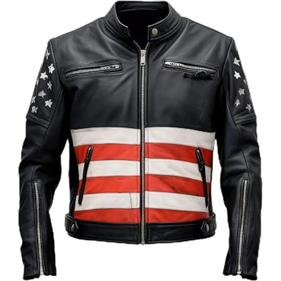 Men's USA Flag Sheepskin Leather Rider Jacket