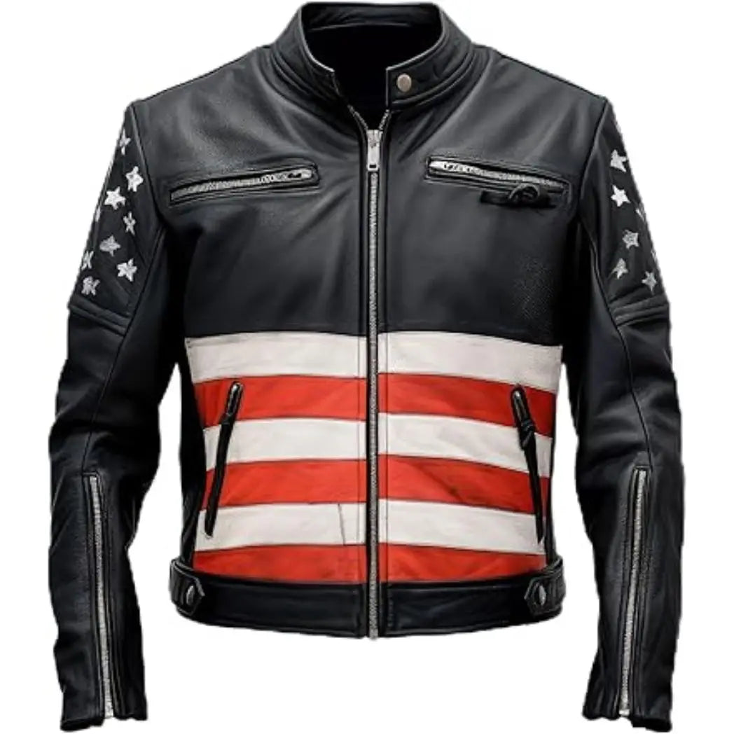 Men's USA Flag Sheepskin Leather Rider Jacket
