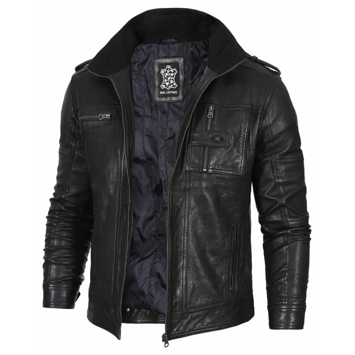 Men's Waxed Black Cafe Racer Style Leather Jacket