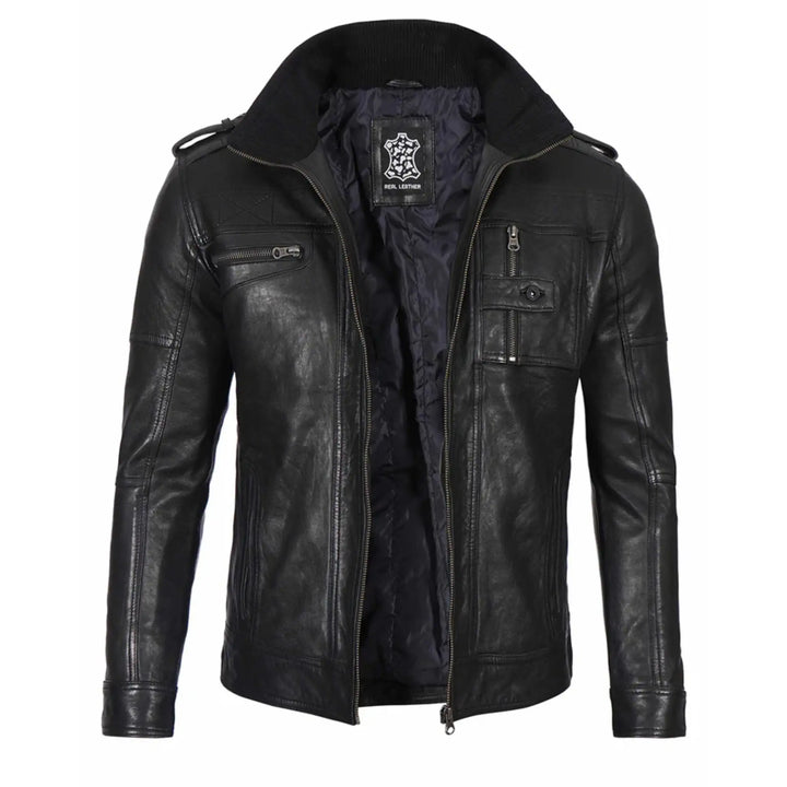 Men's Waxed Black Cafe Racer Style Leather Jacket