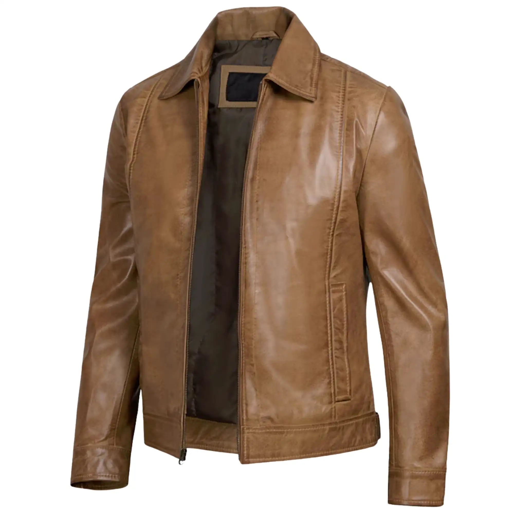 Brown leather jacket on a white background