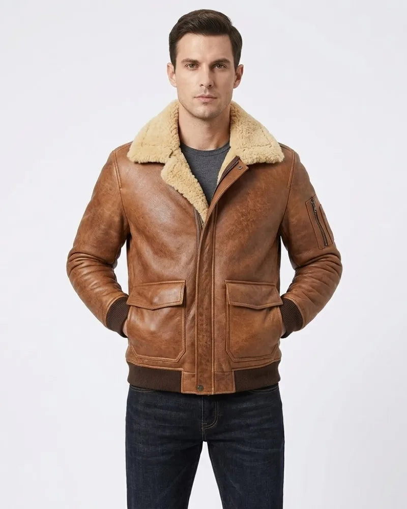 Man wearing a brown leather jacket with beige fur lining on a white background