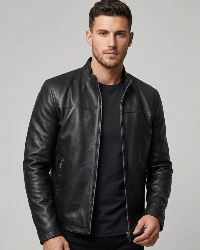 Men's Biker Style Black Leather Jacket