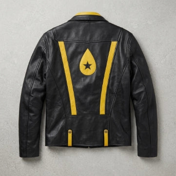 Men's Black And Yellow Sheepskin Leather Biker Jacket