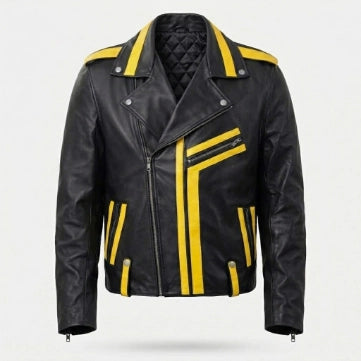 Men's Black And Yellow Sheepskin Leather Biker Jacket