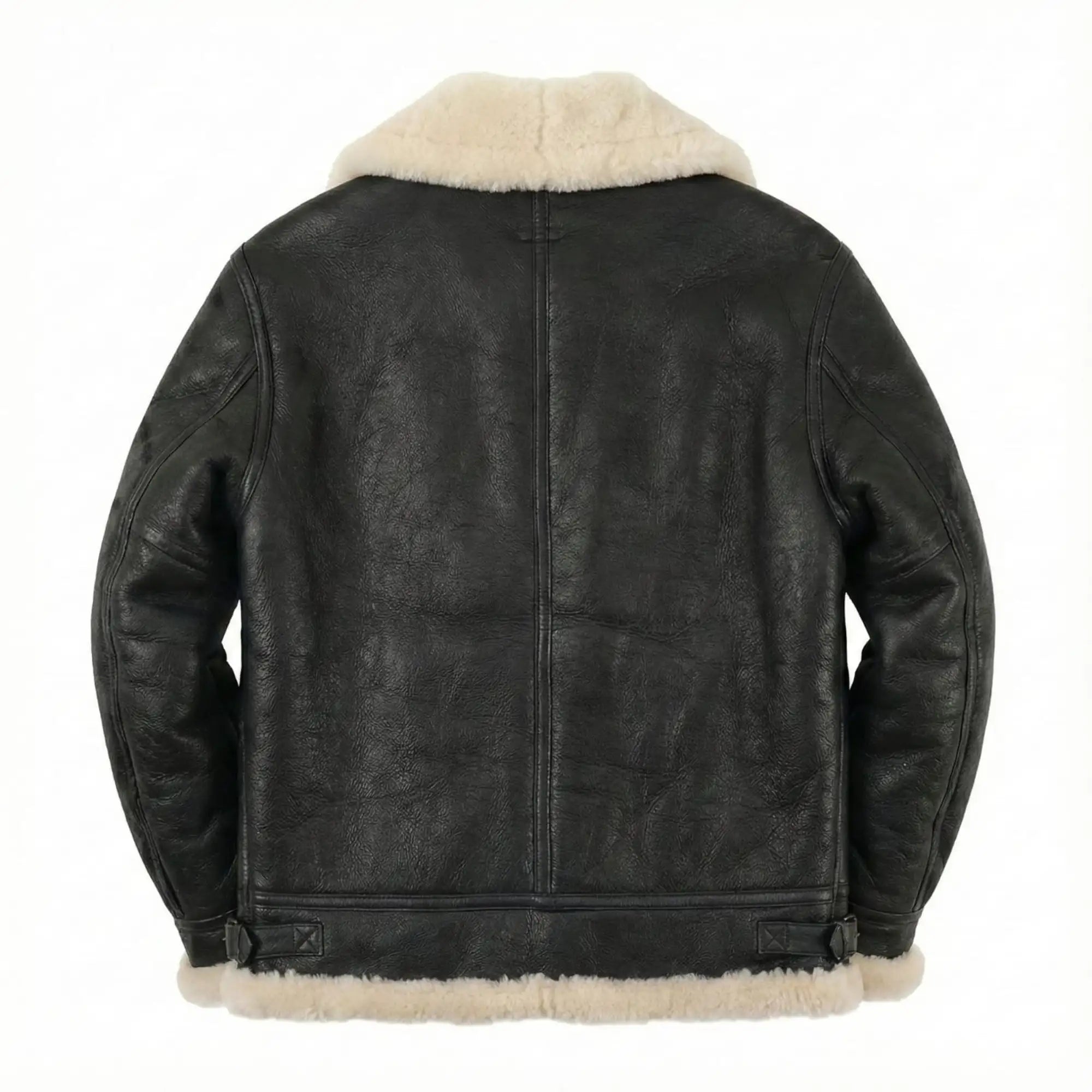 Black leather jacket with white fur lining on a white background