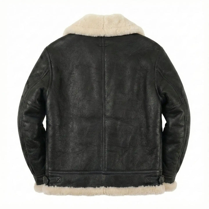 Black leather jacket with white fur lining on a white background