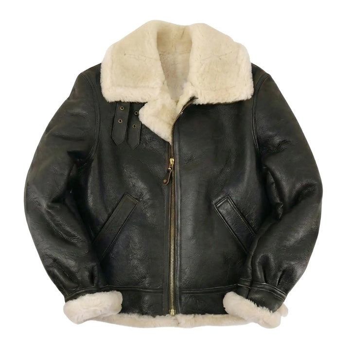 Black leather jacket with white fur lining on a white background