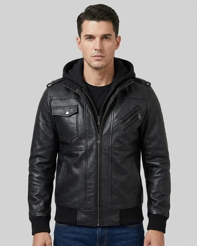 Men's Black Bomber Leather Jacket With Removable Hood