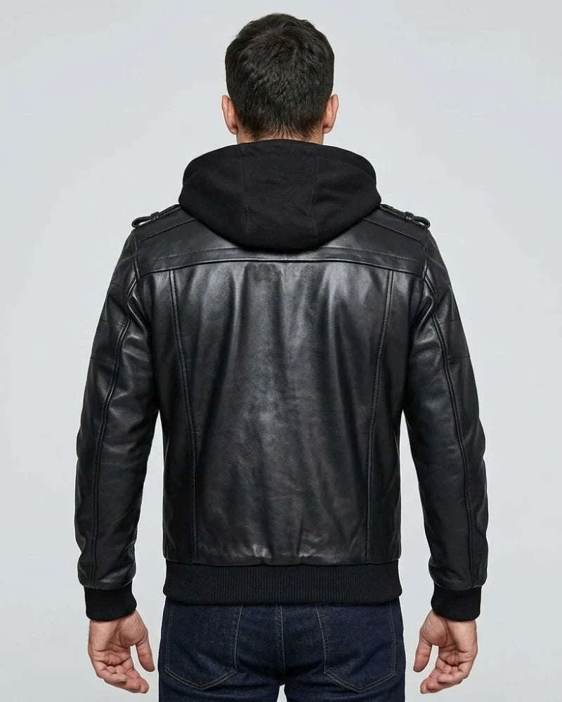 Men's Black Bomber Leather Jacket With Removable Hood
