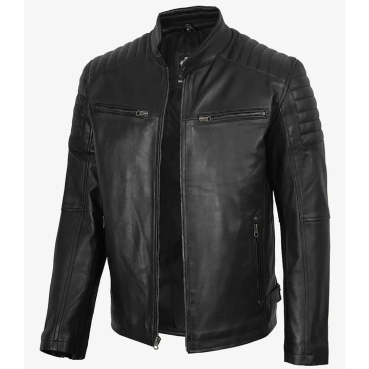 Black leather jacket on a white background