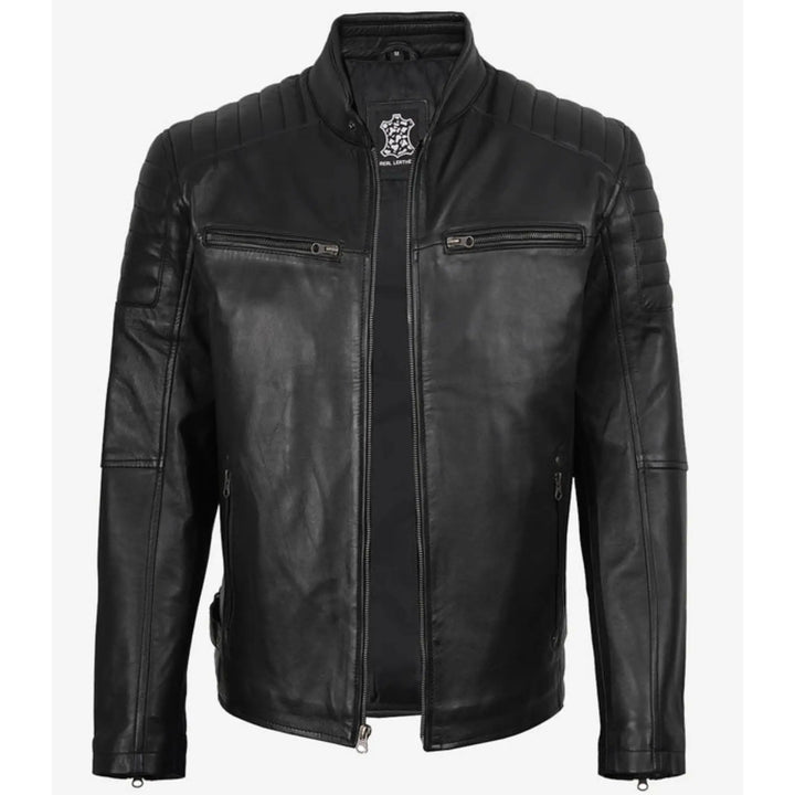 Black leather jacket on a white background