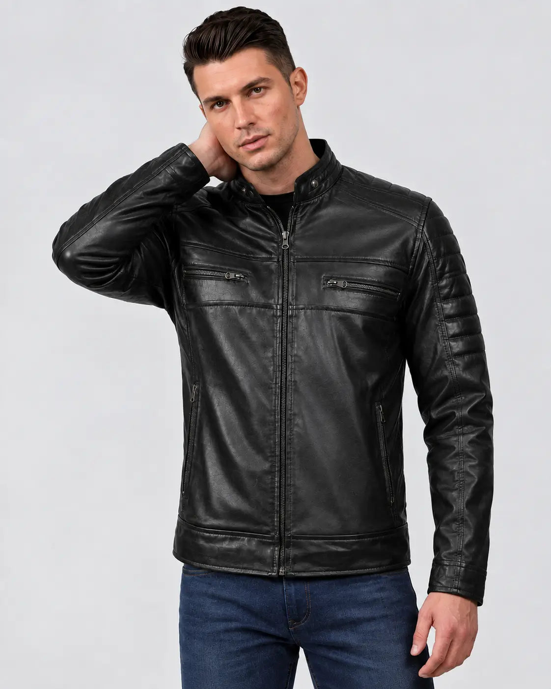 Men's Black Cafe Racer Leather Jacket