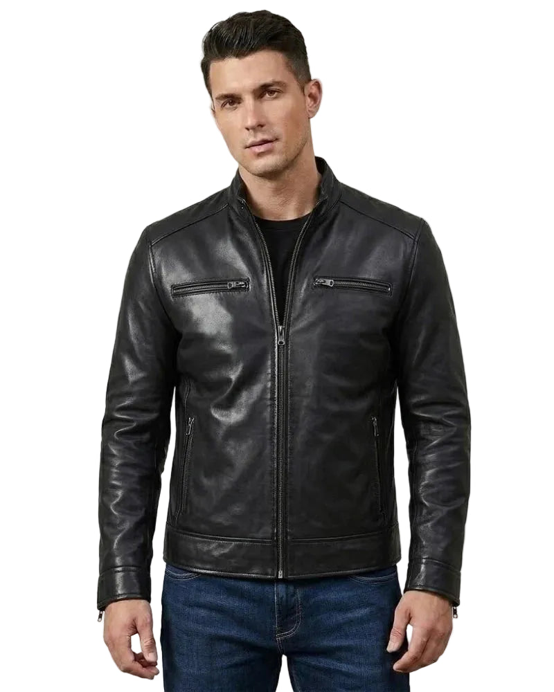Men's Black Cafe Racer Sheepskin leather Jacket