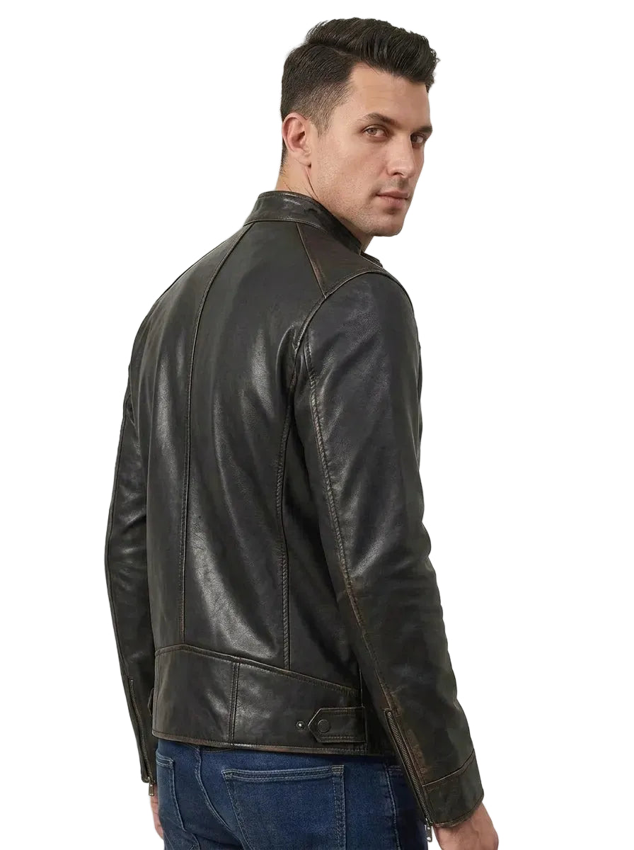 Men's Black Cafe Racer Sheepskin leather Jacket