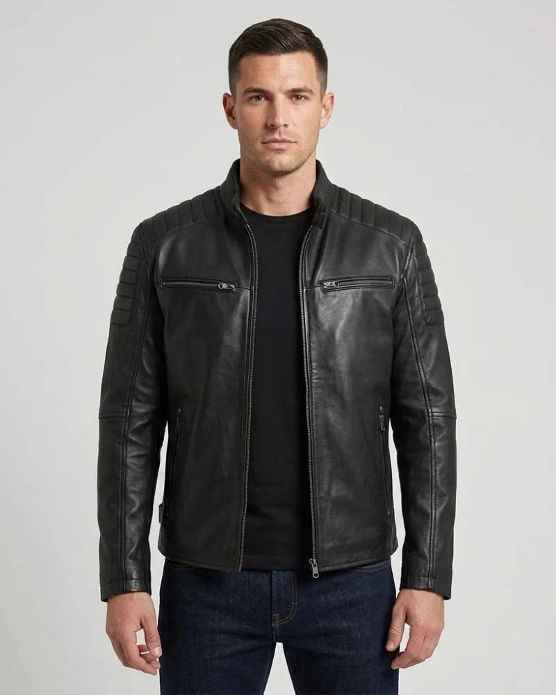 Men's Black Cafe Racer leather Jacket with Padded Shoulders