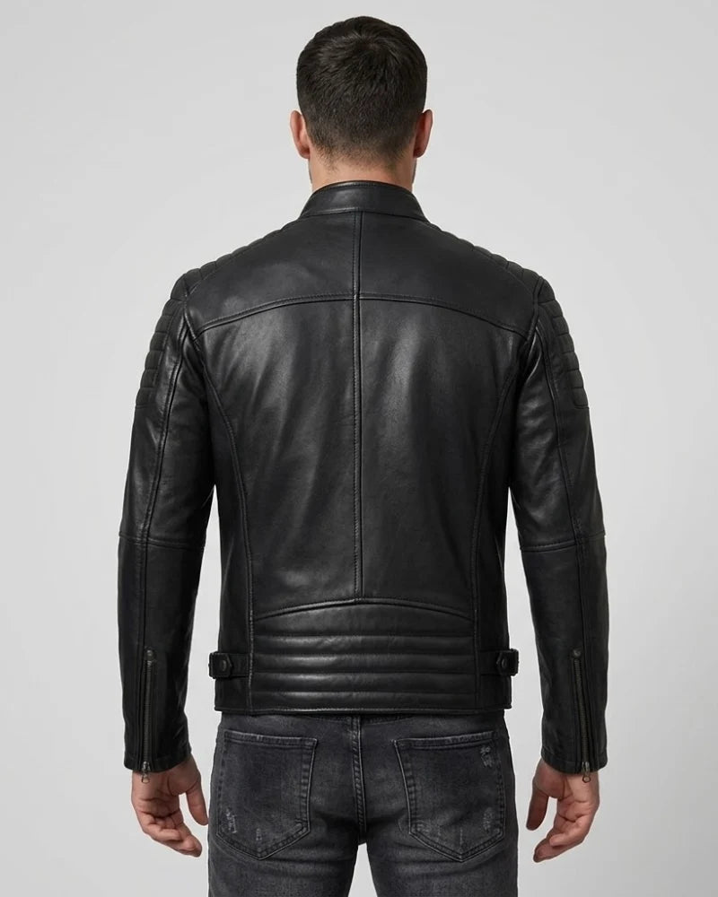 Men's Black Cafe Racer leather Jacket with Padded Shoulders