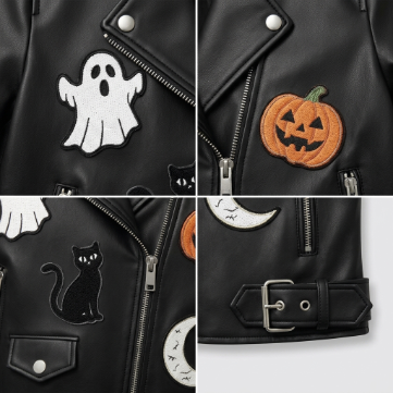 Men's Black Halloween Patch Sheepskin Leather Jacket 2