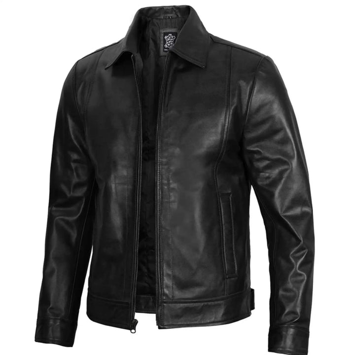 Black leather jacket on a white background