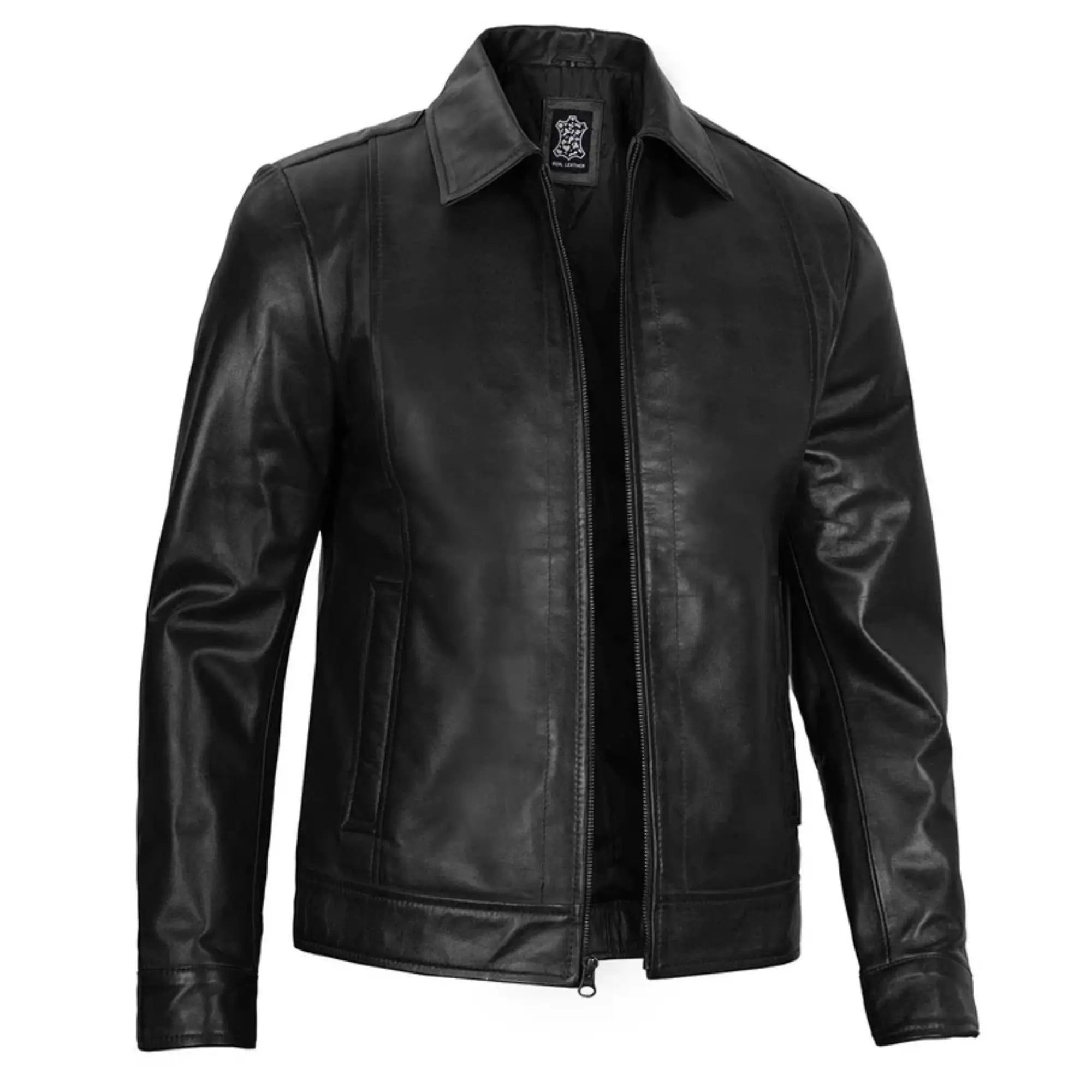 Black leather jacket on a white background