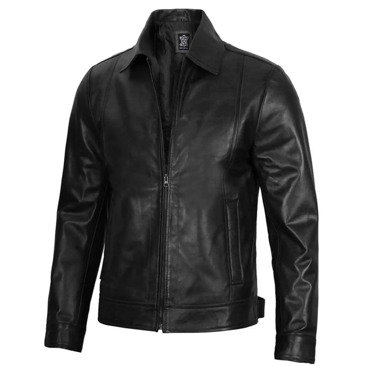Black leather jacket on a white background