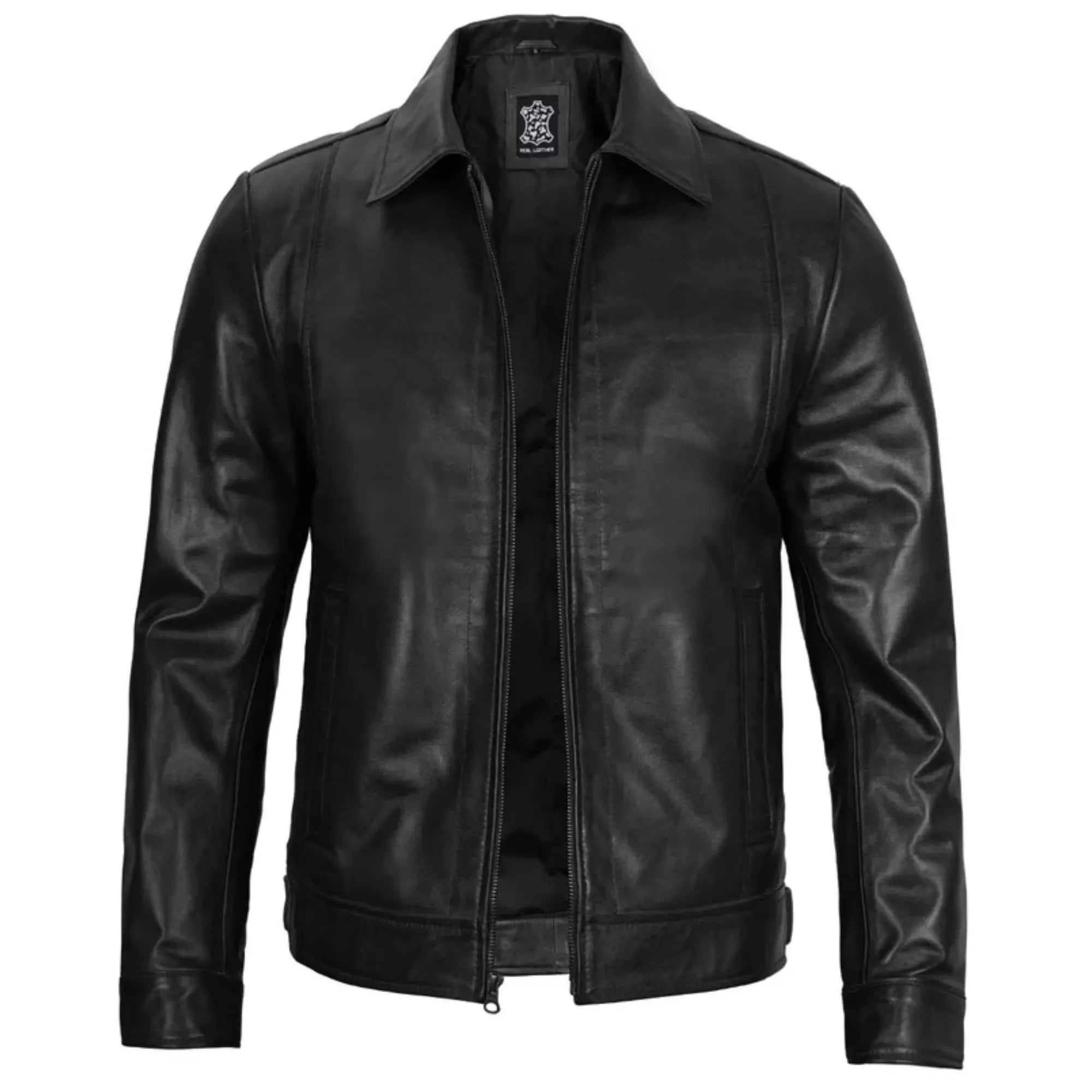 Black leather jacket on a white background