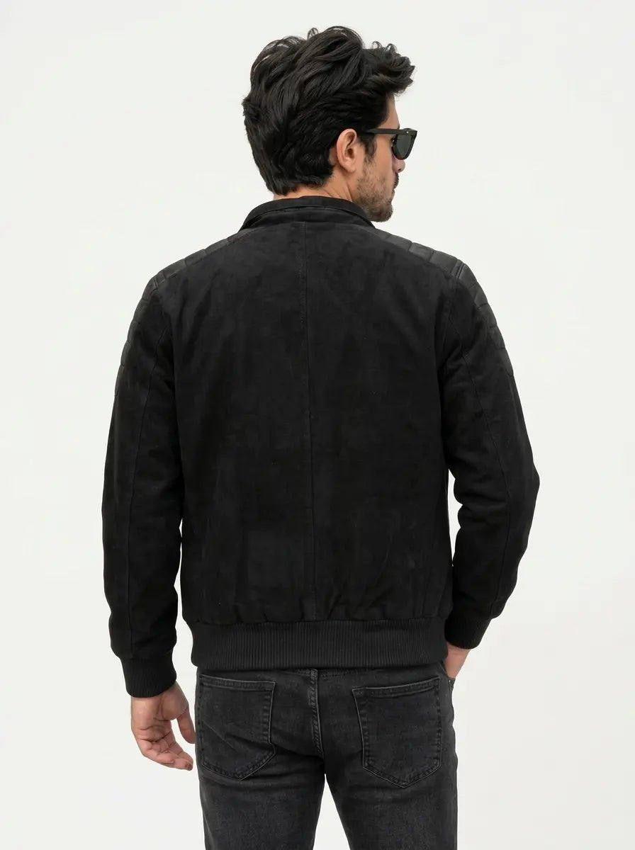 Men’s Black Hybrid Suede Leather Bomber Jacket