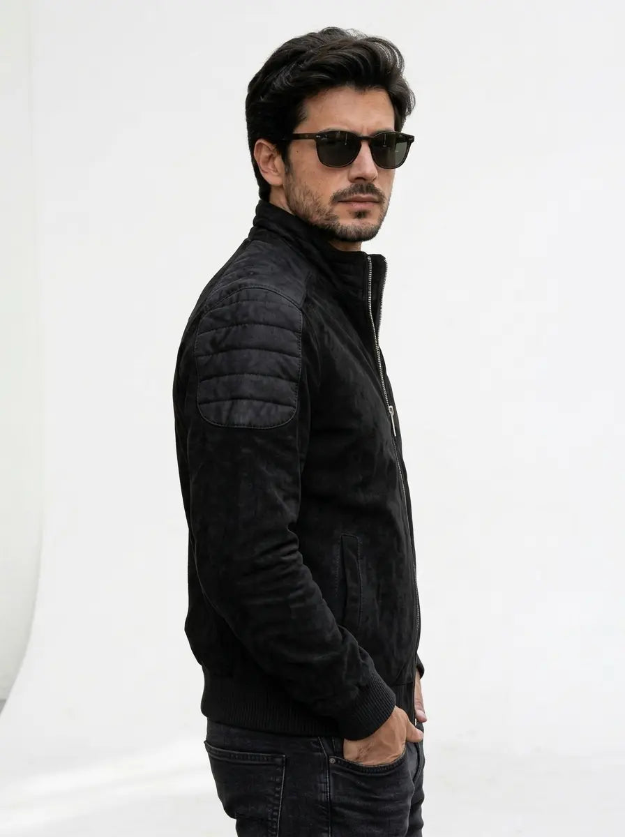Men’s Black Hybrid Suede Leather Bomber Jacket