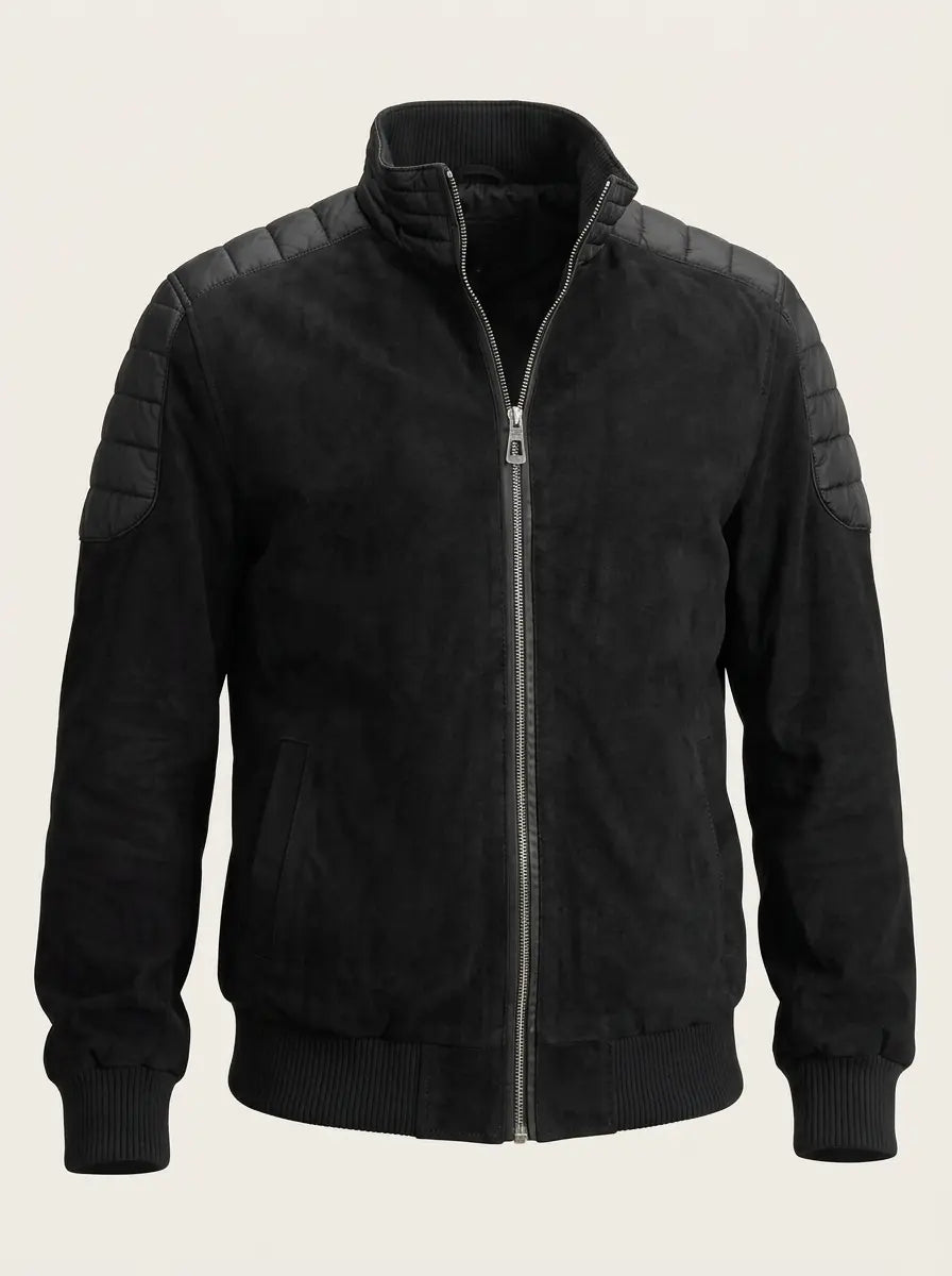 Men’s Black Hybrid Suede Leather Bomber Jacket