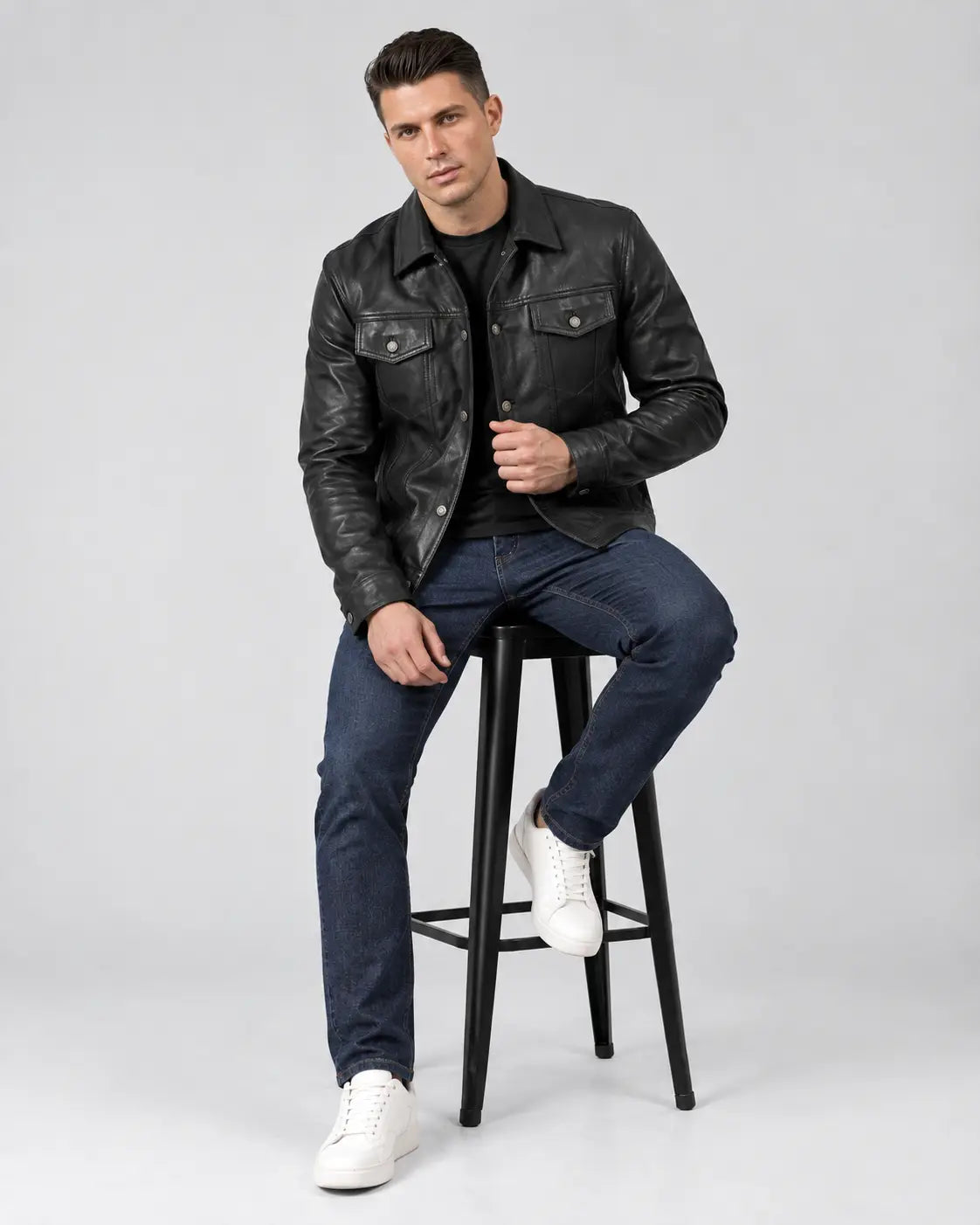 Men's Black  Sheep Leather Trucker Jacket