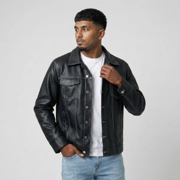 Men's Black Sheepskin Leather Trucker Style Jacket