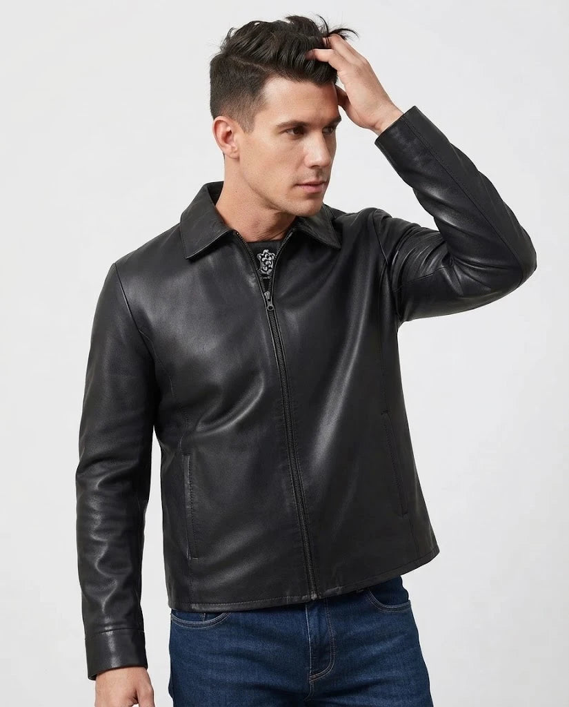 Men's Black Shirt Collar Sheepskin Leather Jacket