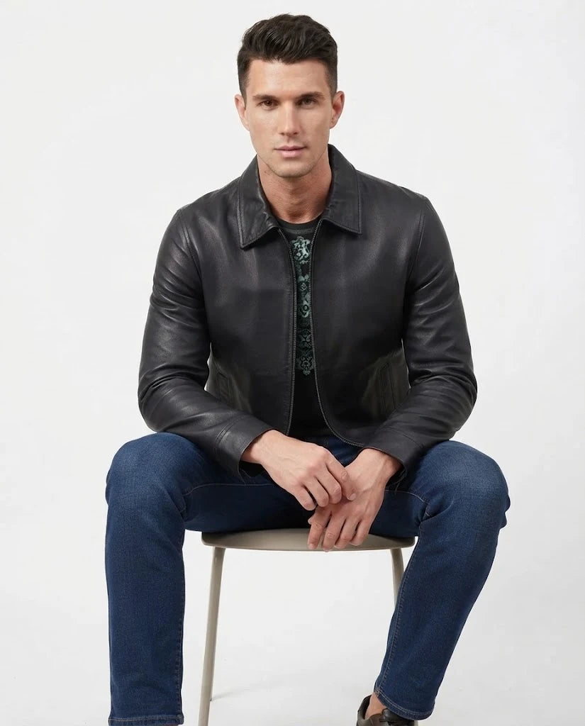 Men's Black Shirt Collar Sheepskin Leather Jacket