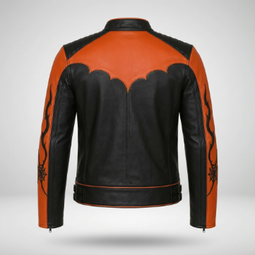 Men's Black and Orange Halloween Racing Leather Jacket 1