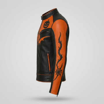 Men's Black and Orange Halloween Racing Leather Jacket 2