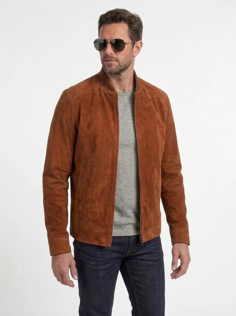 Men's Blain Brown Suede Leather Bomber Jacket