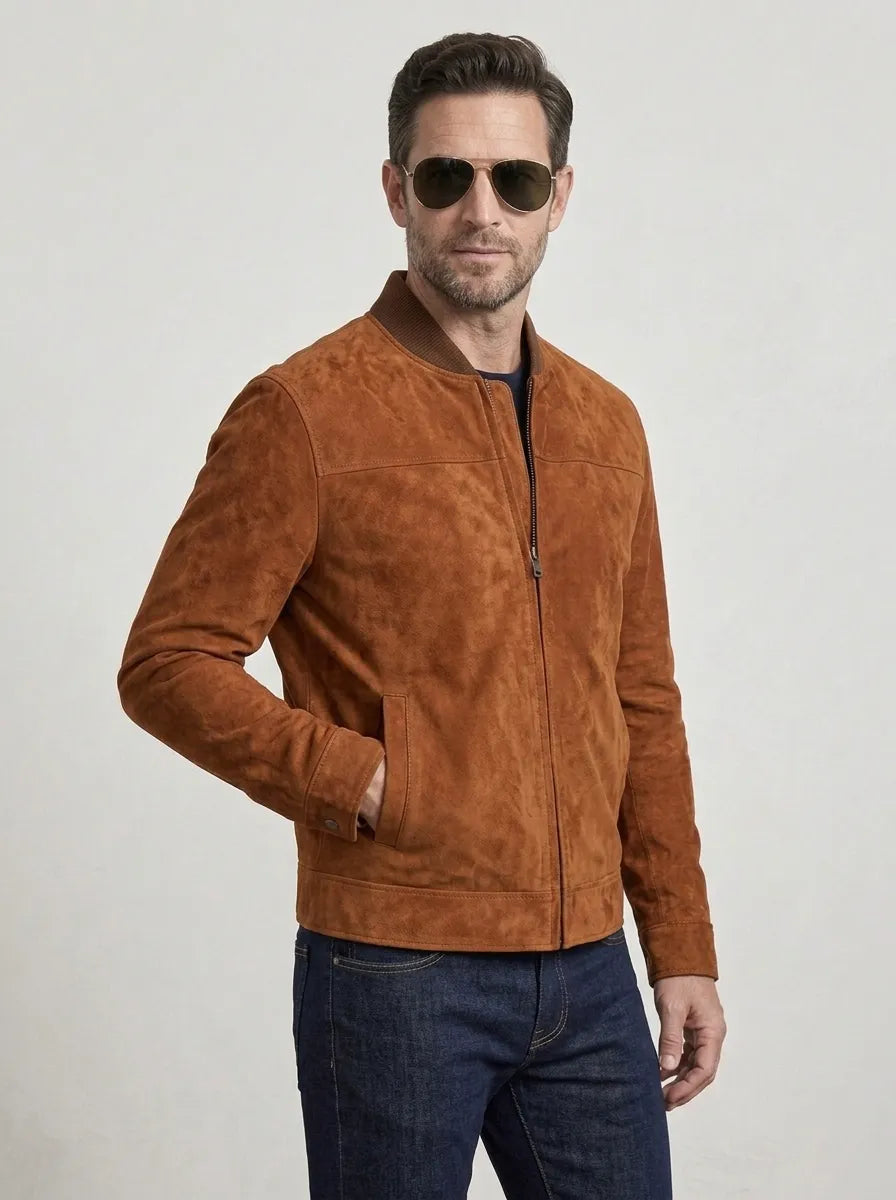 Men's Blain Brown Suede Leather Bomber Jacket