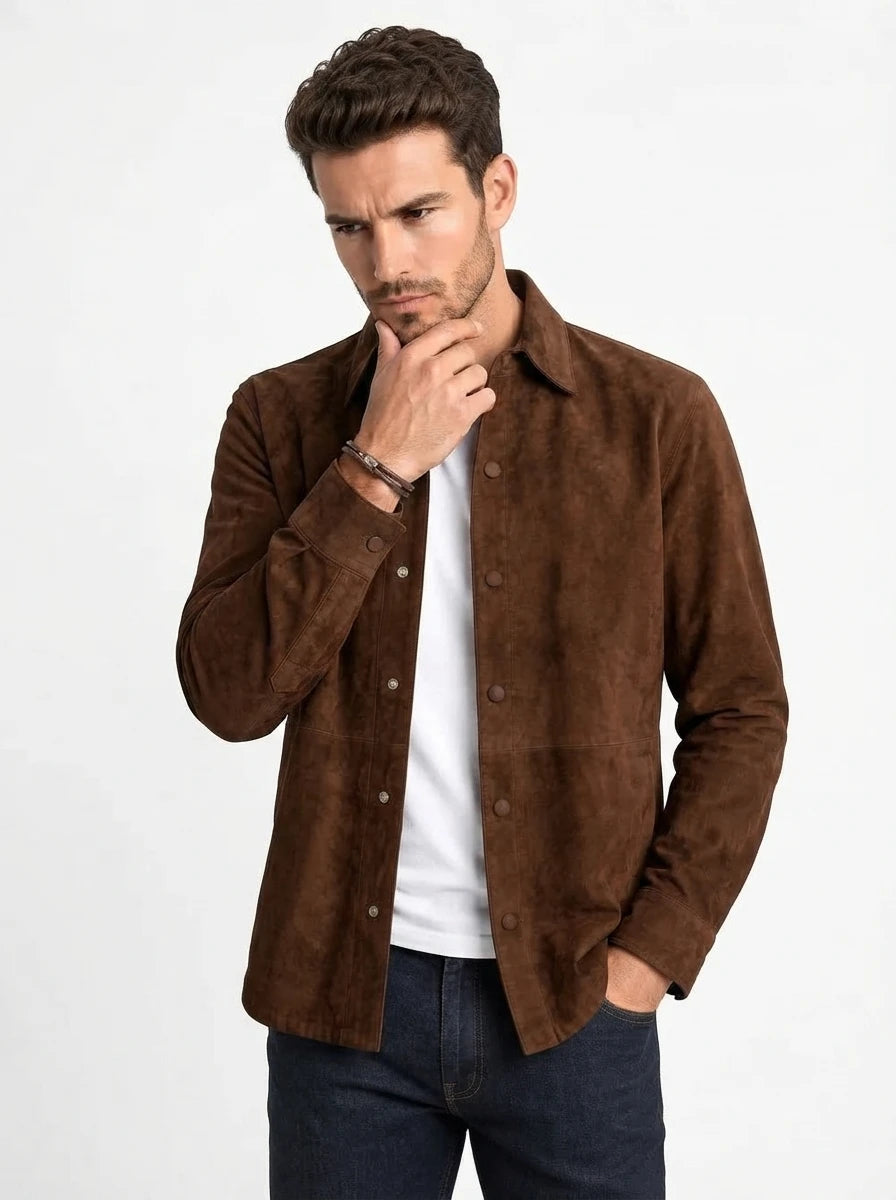 Men’s Brown Goatskin Suede Leather Shirt
