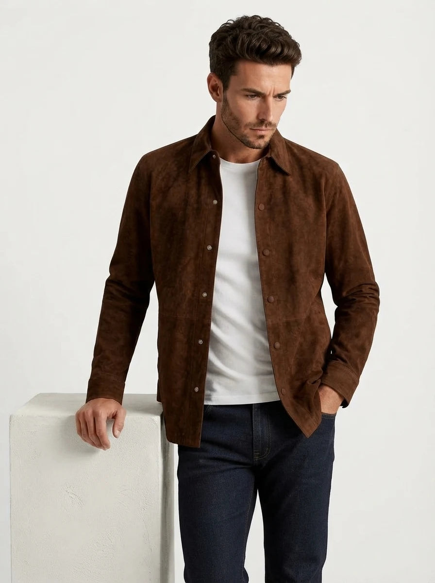 Men’s Brown Goatskin Suede Leather Shirt
