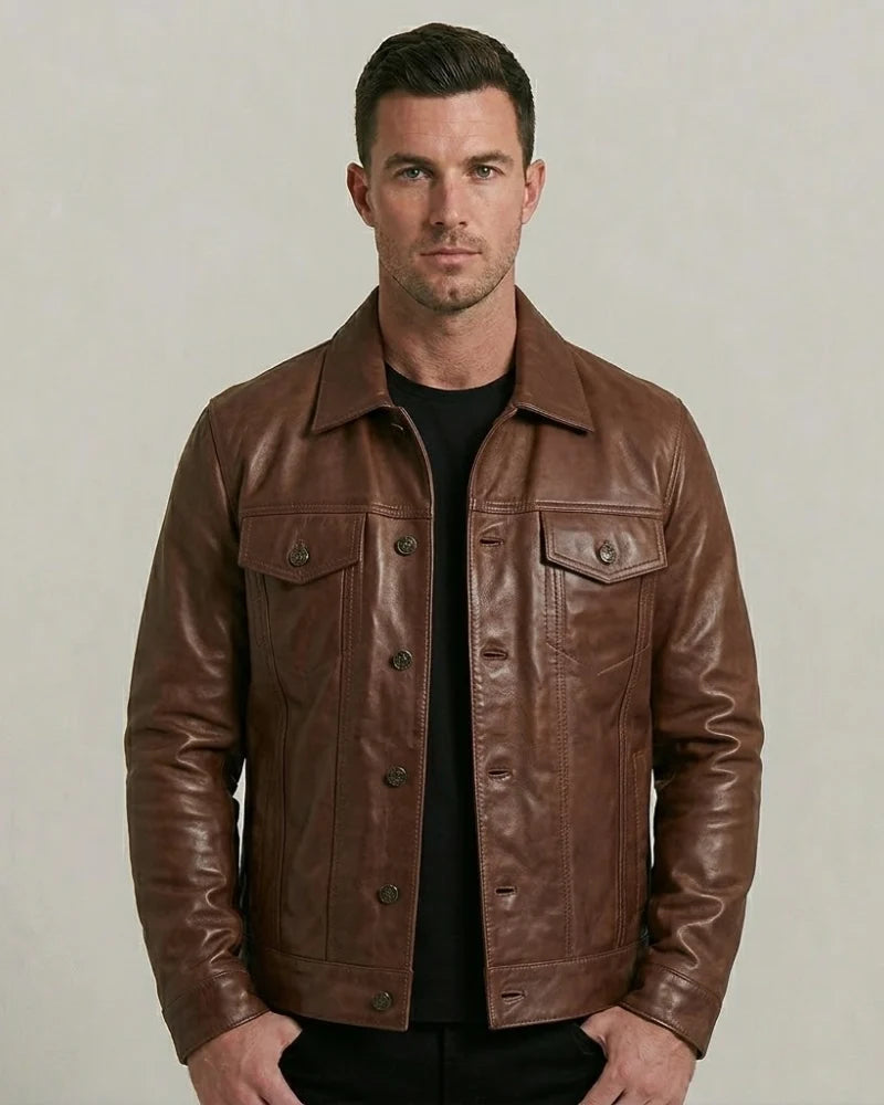 Men's  Brown Sheepskin Leather Trucker  Jacket