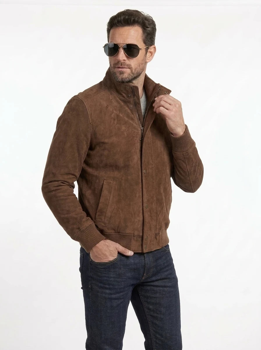 Men’s Brown Suede Goatskin Bomber Jacket 