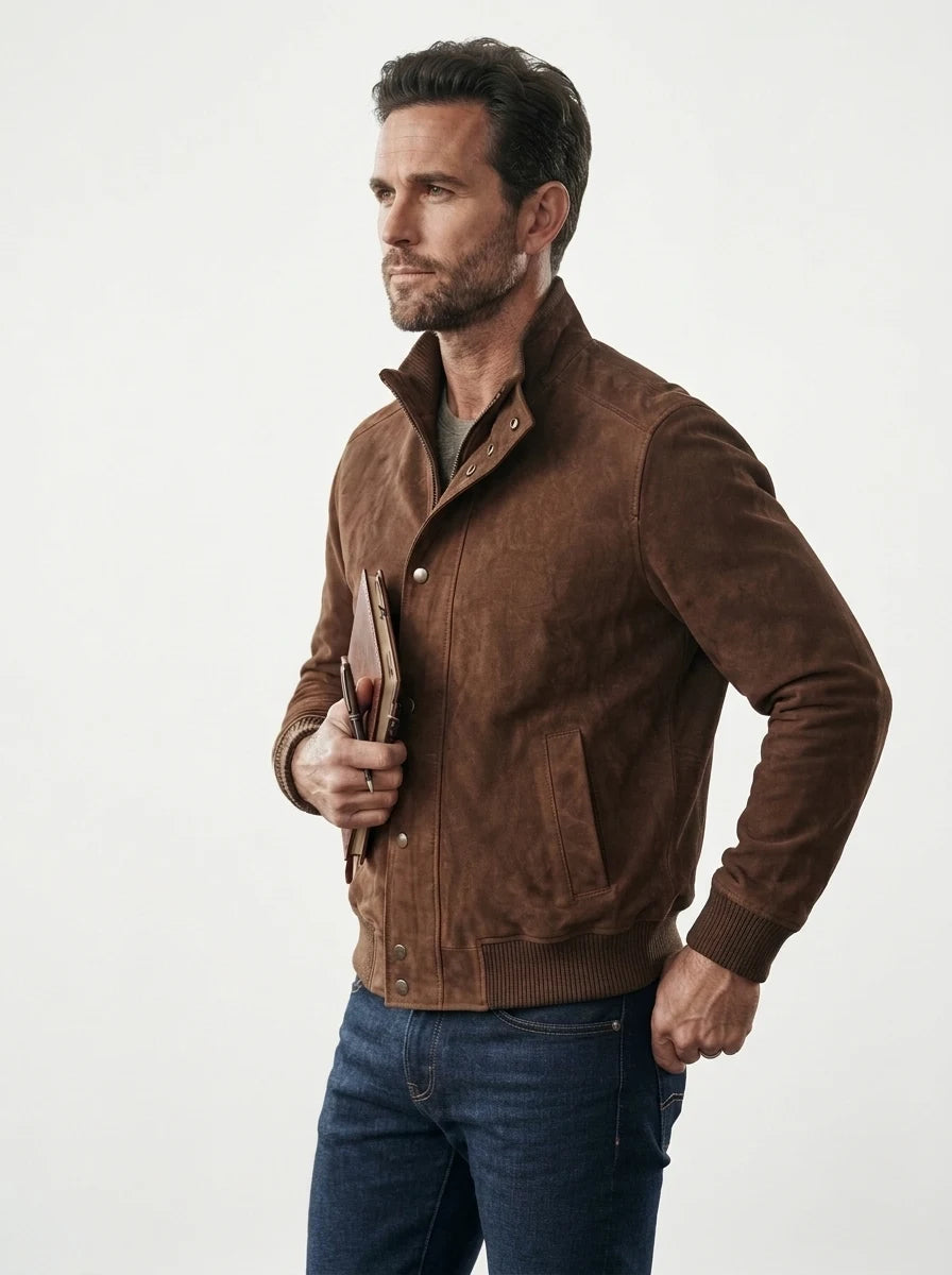Men’s Brown Suede Goatskin Bomber Jacket