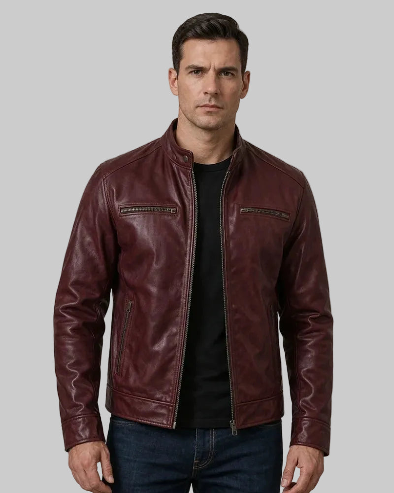 Men's Cafe Racer Style Maroon Leather Jacket