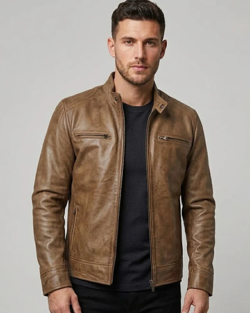 Men's Camel Brown Cafe Racer Leather Jacket