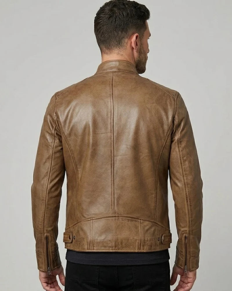 Men's Camel Brown Cafe Racer Leather Jacket