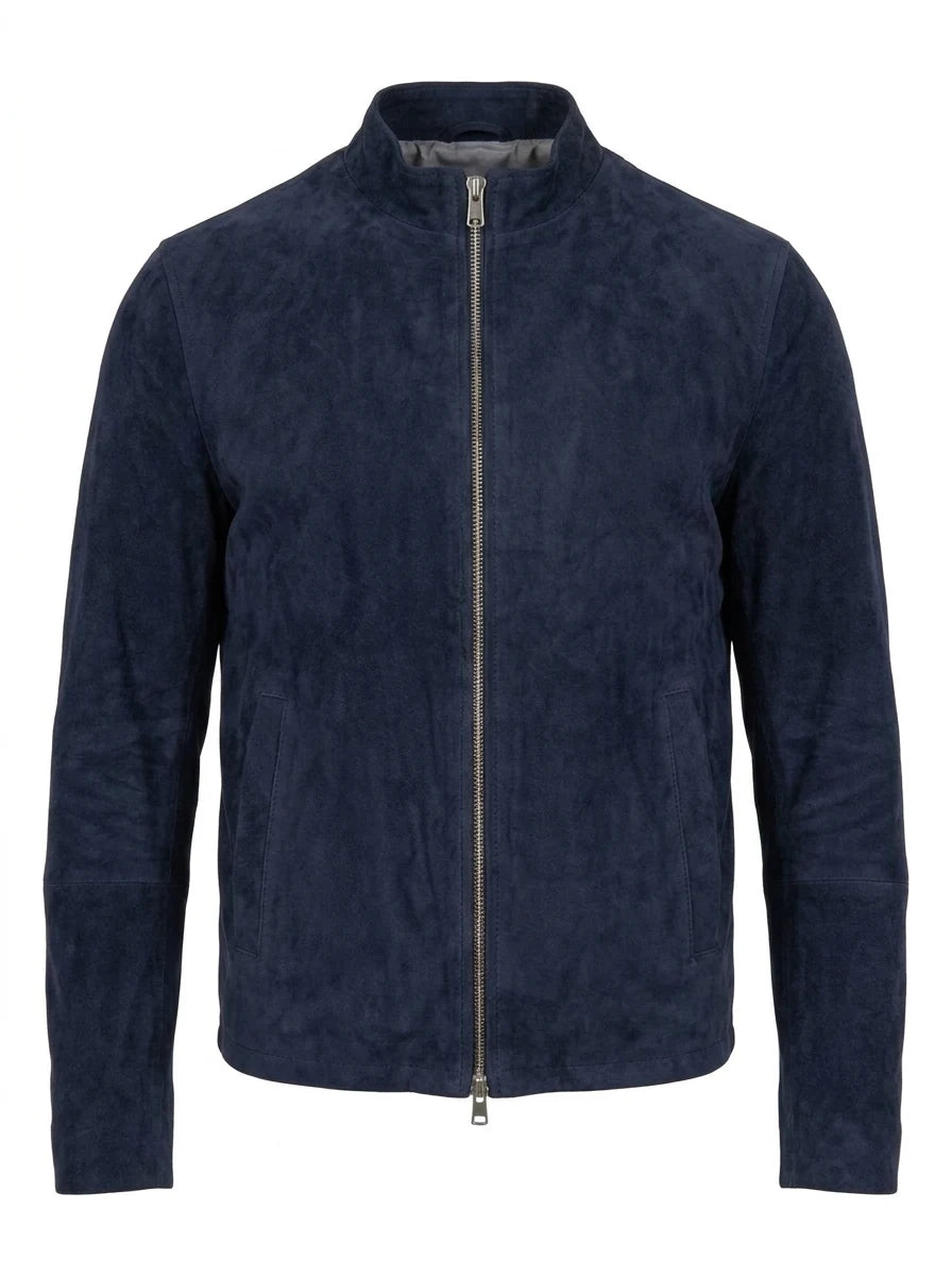 Men’s Charcoal Navy Blue Suede Biker Jacket