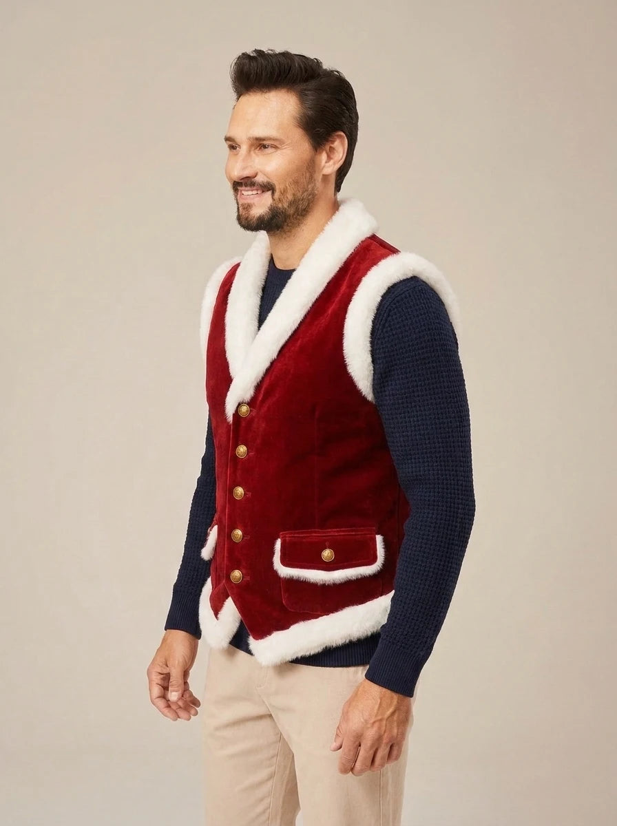 Men’s Christmas waistcoat in red suede with white fur trim and front flap pockets