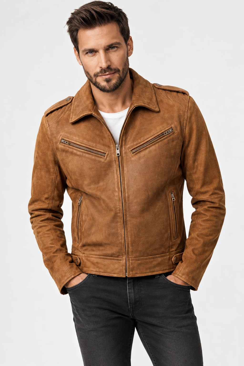 Men's Classic Camel Brown Suede Leather Jacket 3