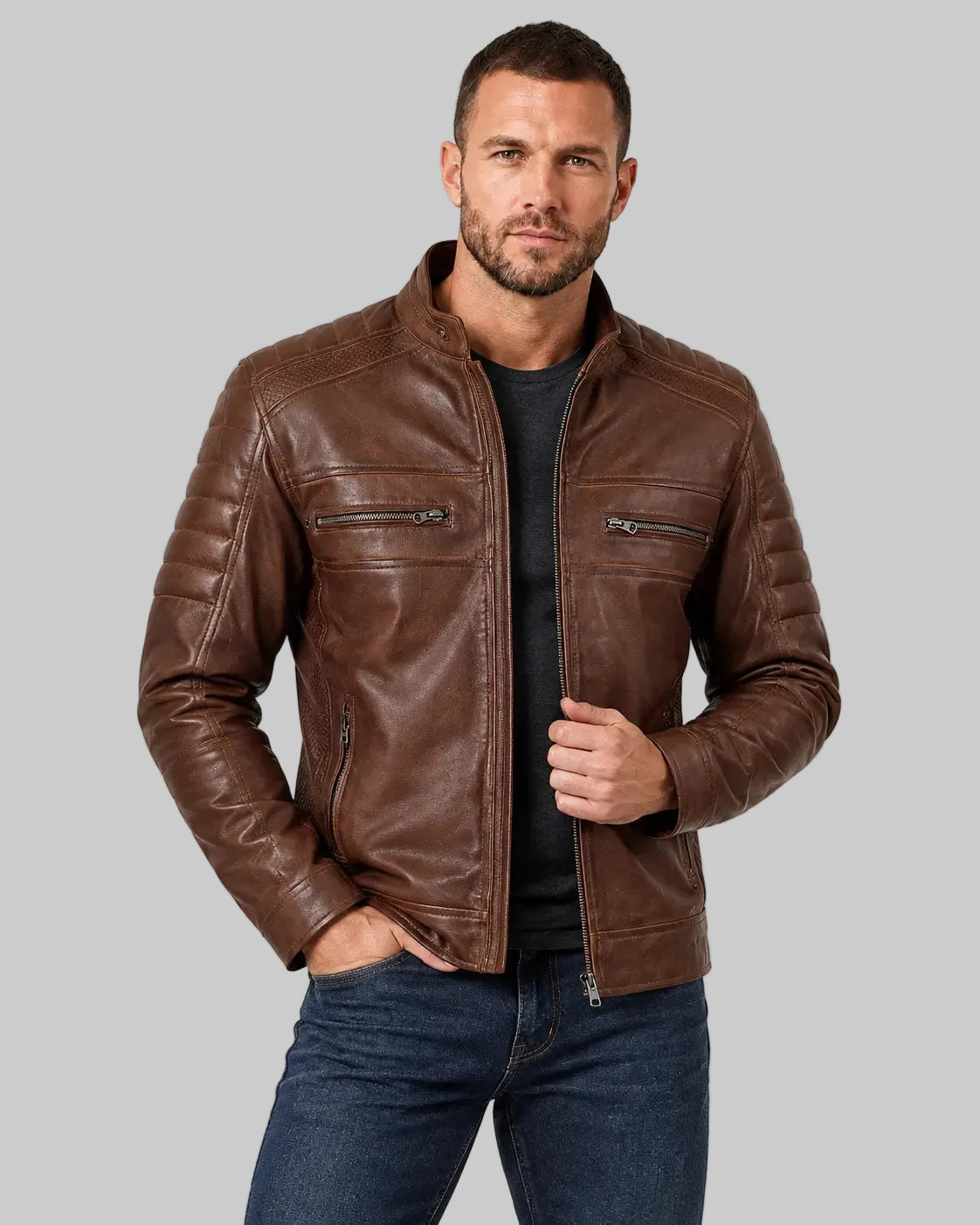 Men's Cognac Brown Cafe Racer Leather Jacket